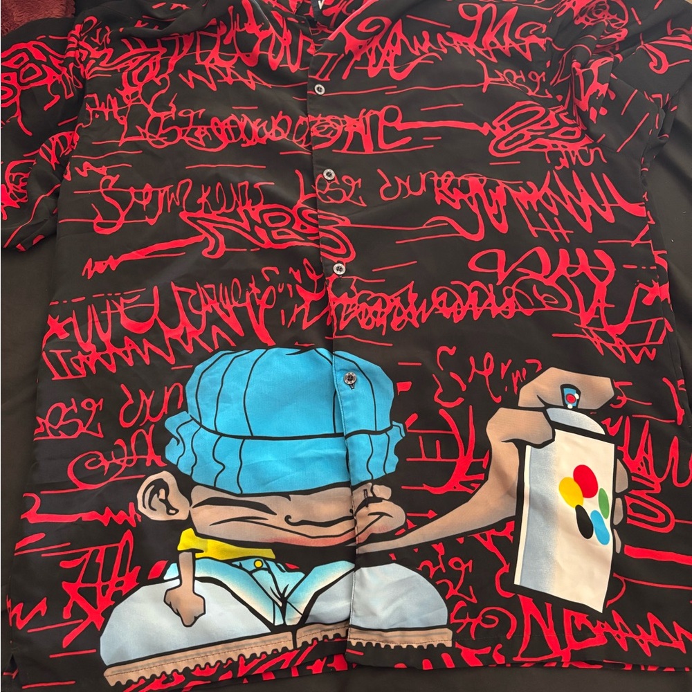 Vintage Graffiti Art Black and Red Men's Button up Shirt